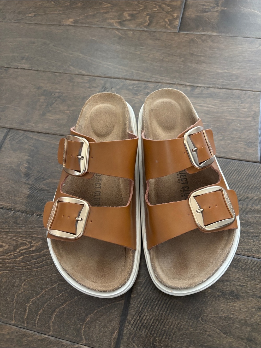 Women's Double-Buckle Slide Sandals in Brown with Gold Buckles